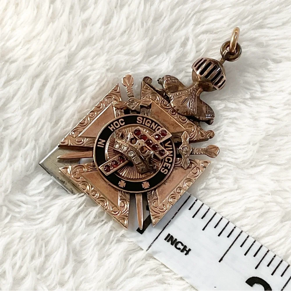 Antique 10K Gold Knights Templar Jeweled Pendant – Garnet Diamond Cross Masonic